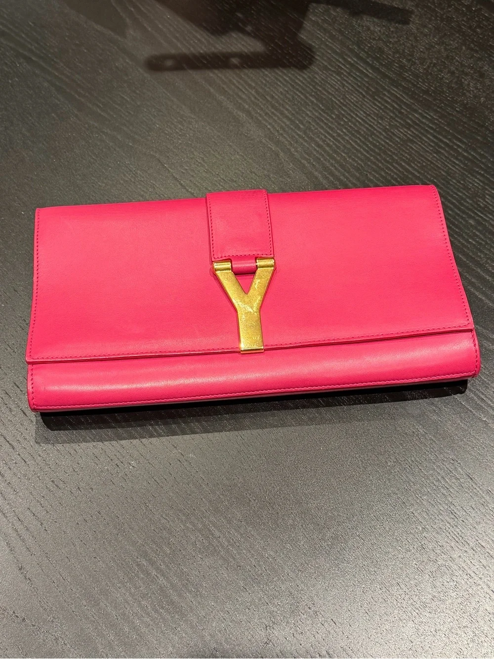 Saint Laurent Hot Pink Leather Y-Clasp Clutch with Gold Hardware